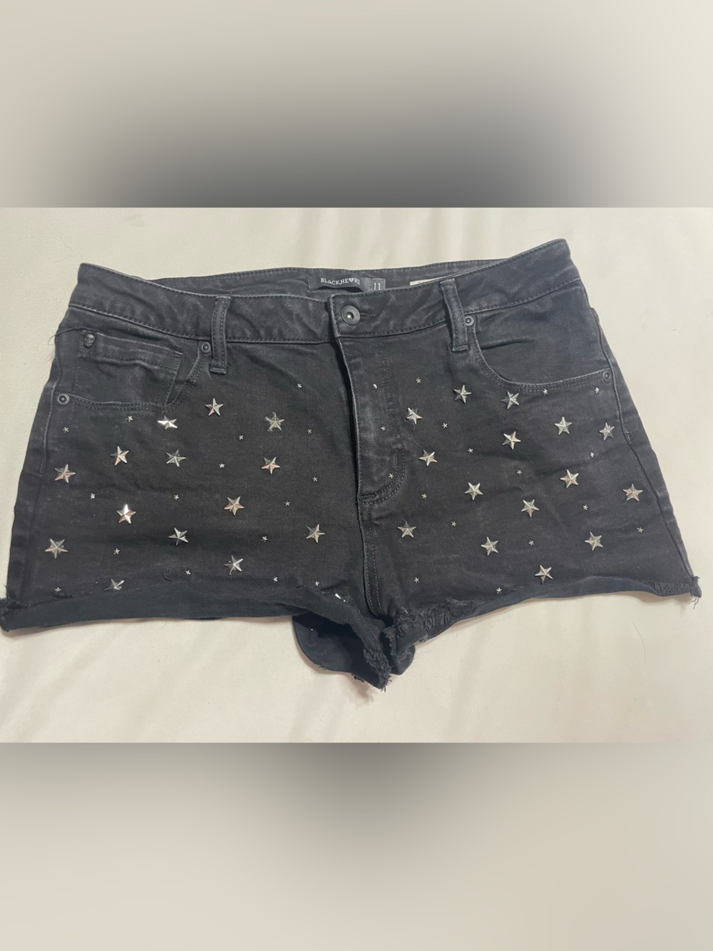 Blackheart Black Denim Ankle-Length Shorts with Silver Star Studs